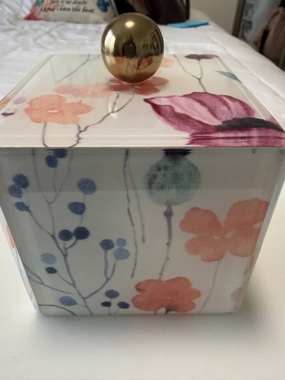 Floral Decorative acrylic Storage Box with Gold Knob & leather lining.